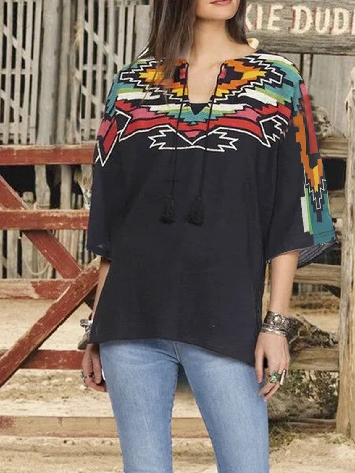 Black Jersey V Neck Vintage Shift Shirts & Tops