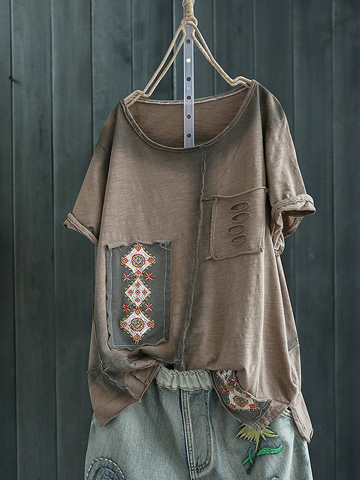 Casual Patchwork Cotton O-Neck Shirts & Tops