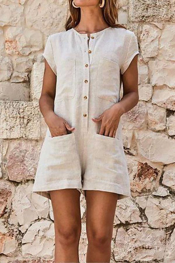 Round Neck Short Sleeve Plain Patch Pocket Playsuits Jumpsuits