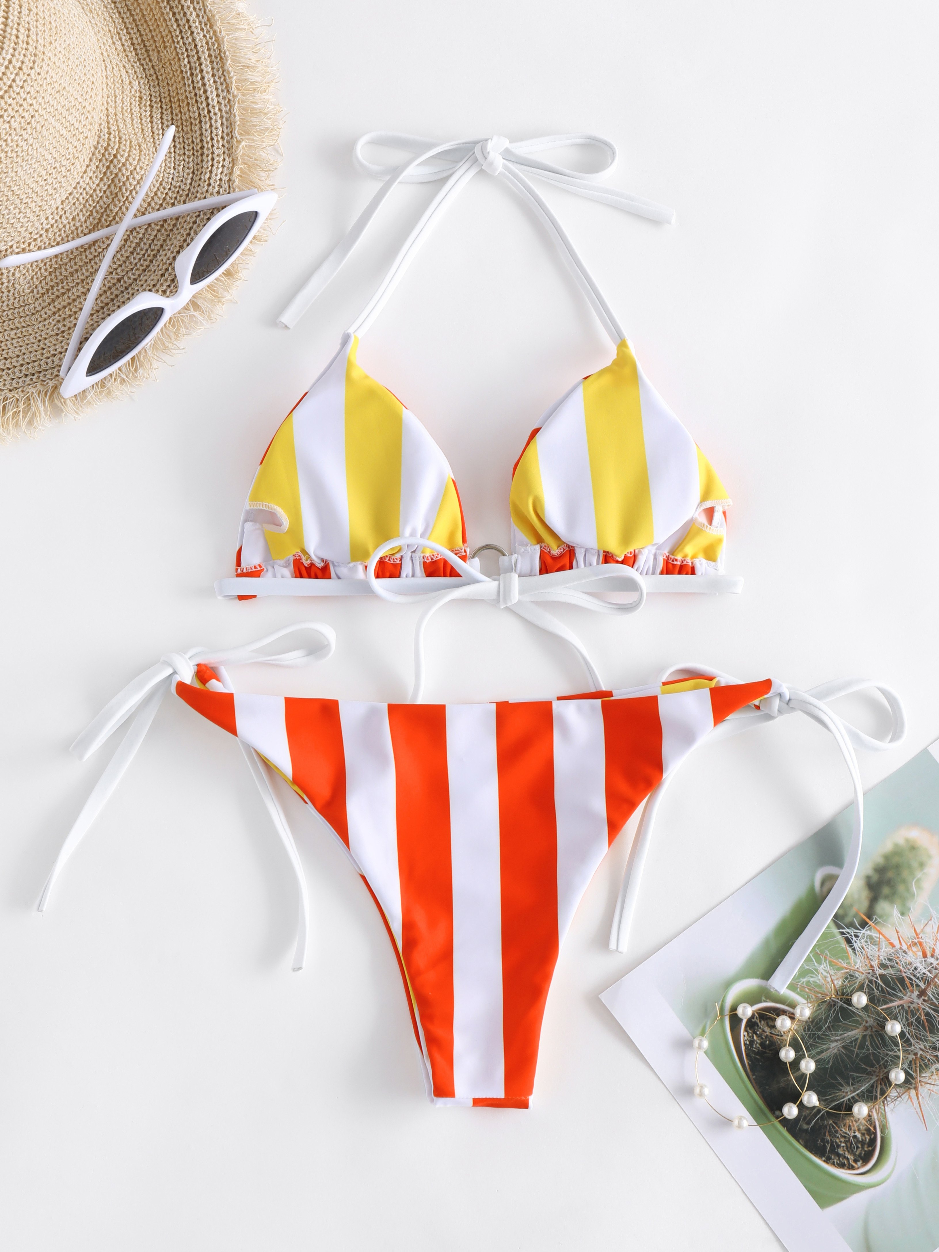 Stripe Pattern O Ring Triangle Bikini