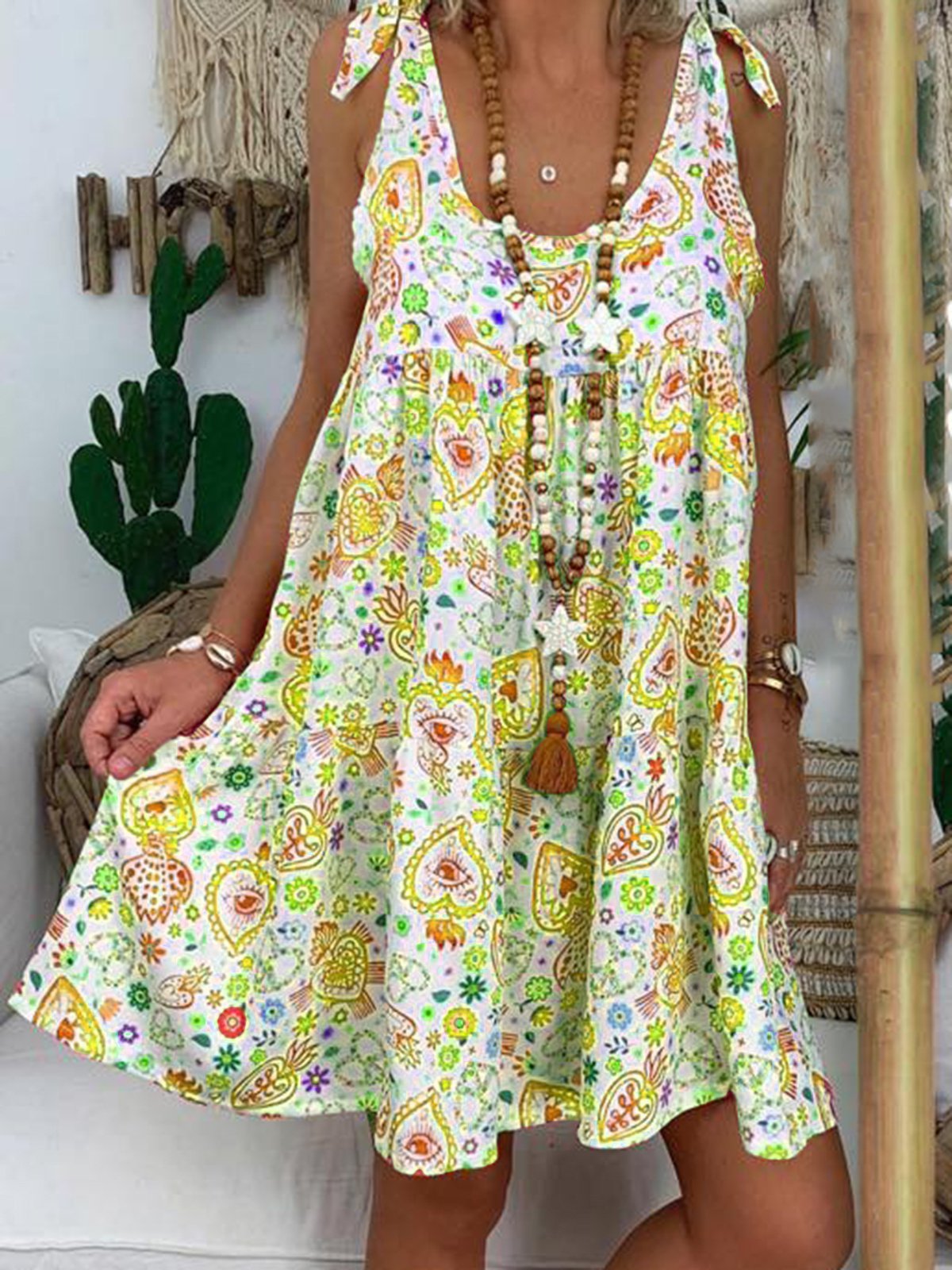 Holiday Floral Printed V-neck Sleeveless Mini Dress