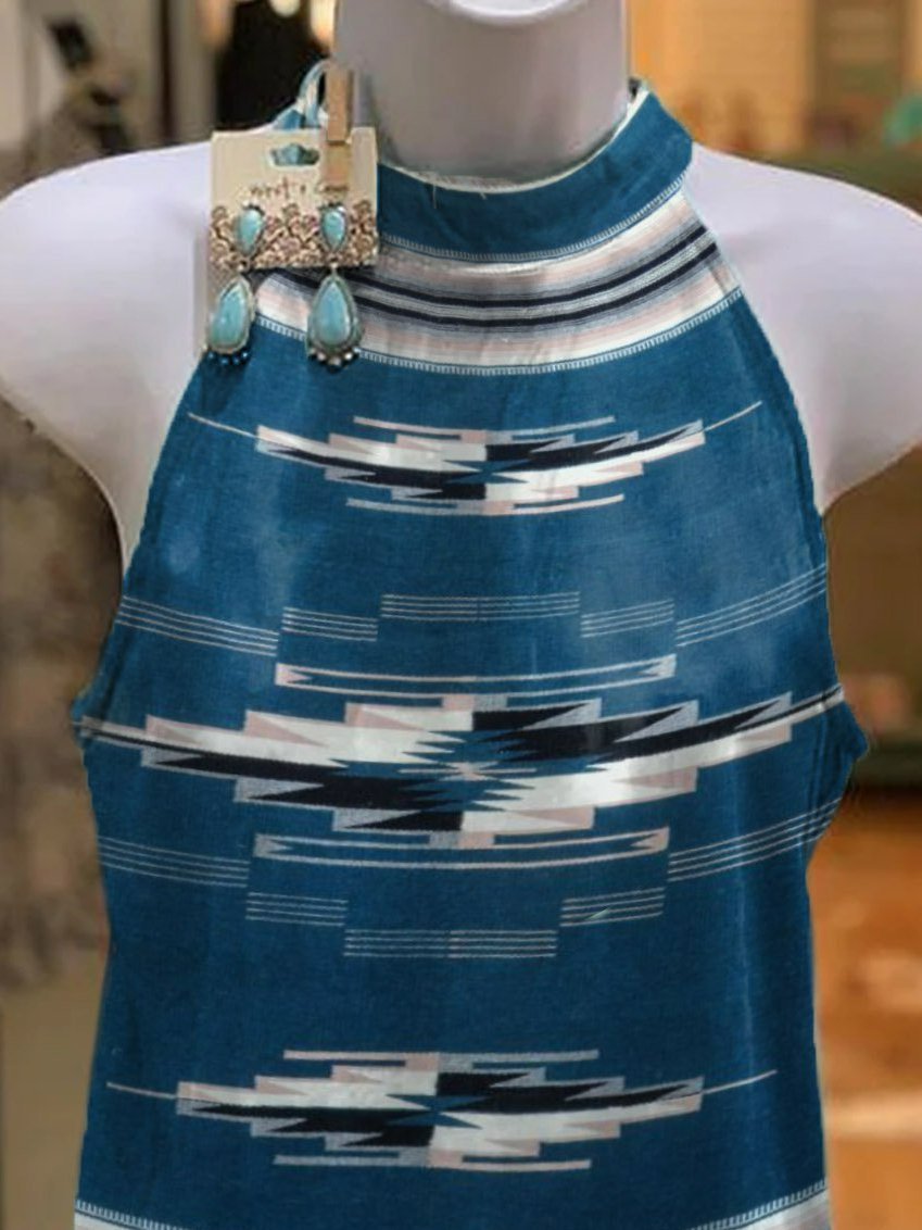 Cotton-Blend Halter Tribal Cold Shoulder Shirts & Tops