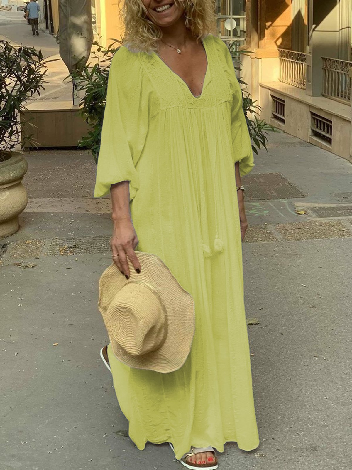 Solid V Neck Casual Dresses