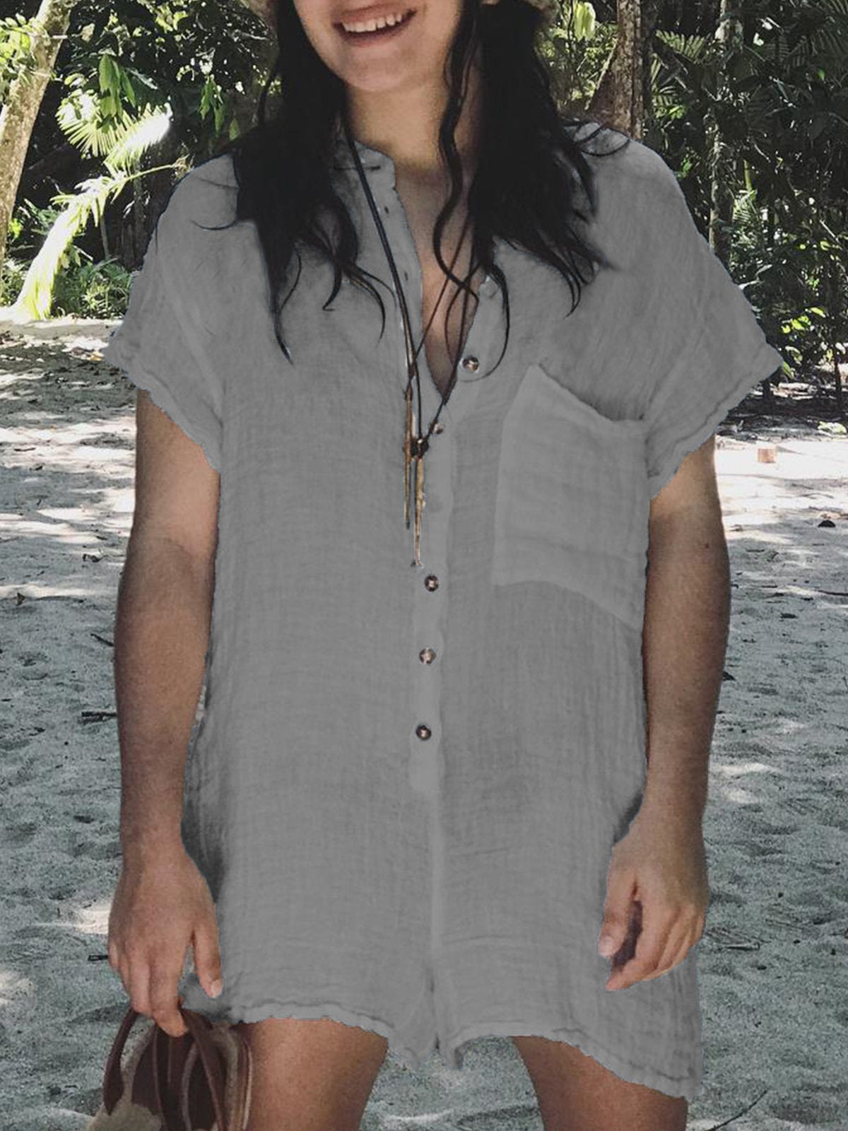 Plus Size Casual Solid V Neck Short Sleeve Pockets Suits