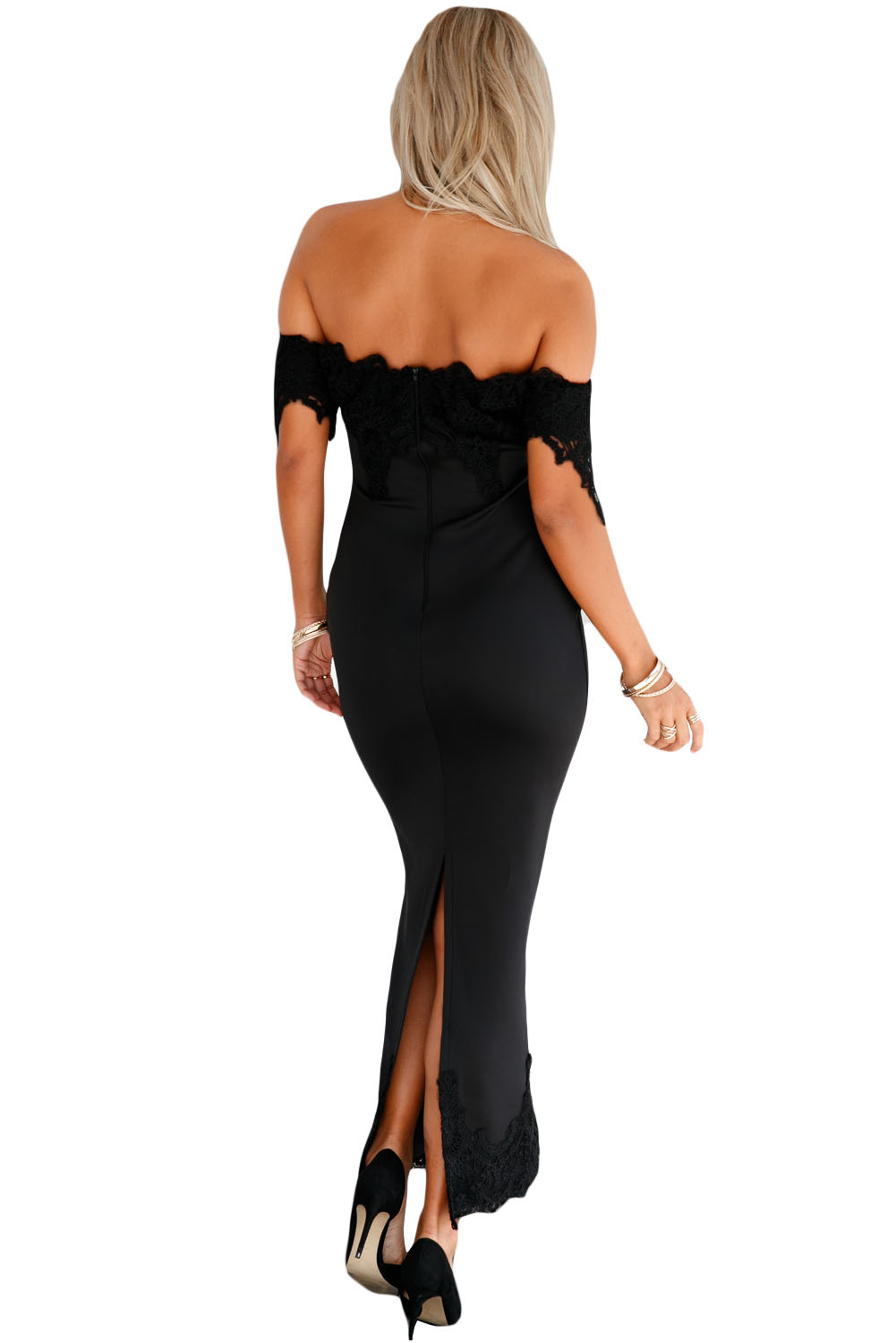 Contrast Lace Applique Off Shoulder Maxi Dress