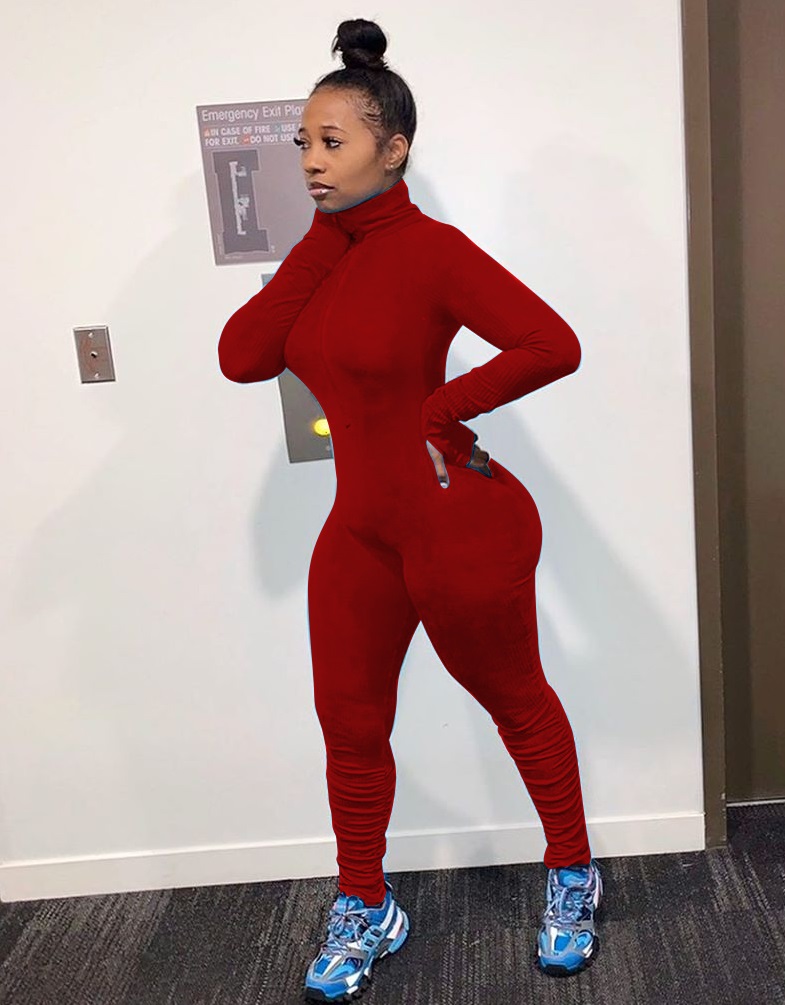 Autumn Sports Fitness Turtleneck Plain Stacked Jumpsuit