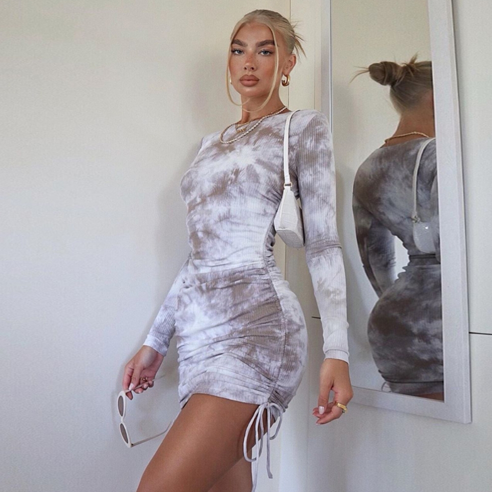 Long Sleeve Tie Dye Ruched Mini Club Dress