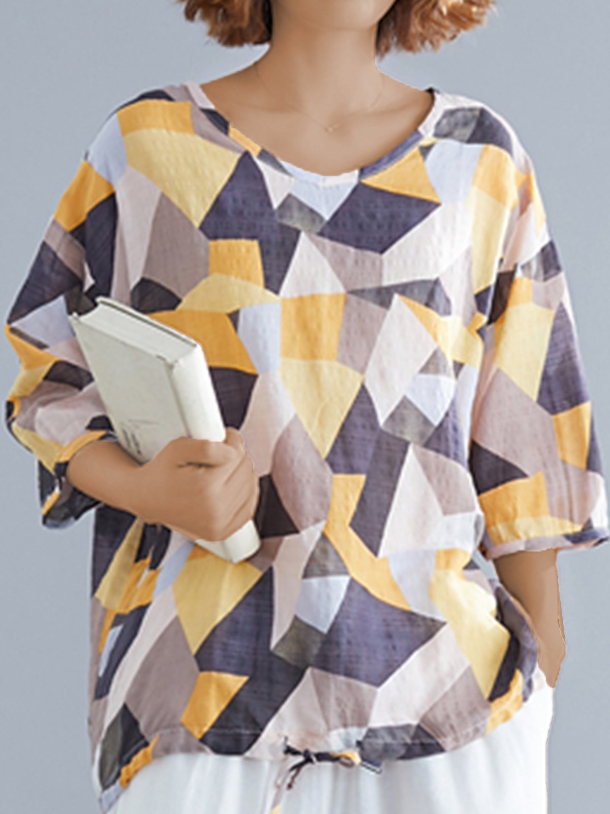 Plus Size Women Short Sleeve V Neck Vintage Floral Casual Tops