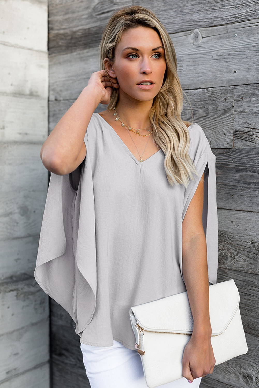 Gray V-Neck Bowknot Three-Quarter Sleeve Blouse
