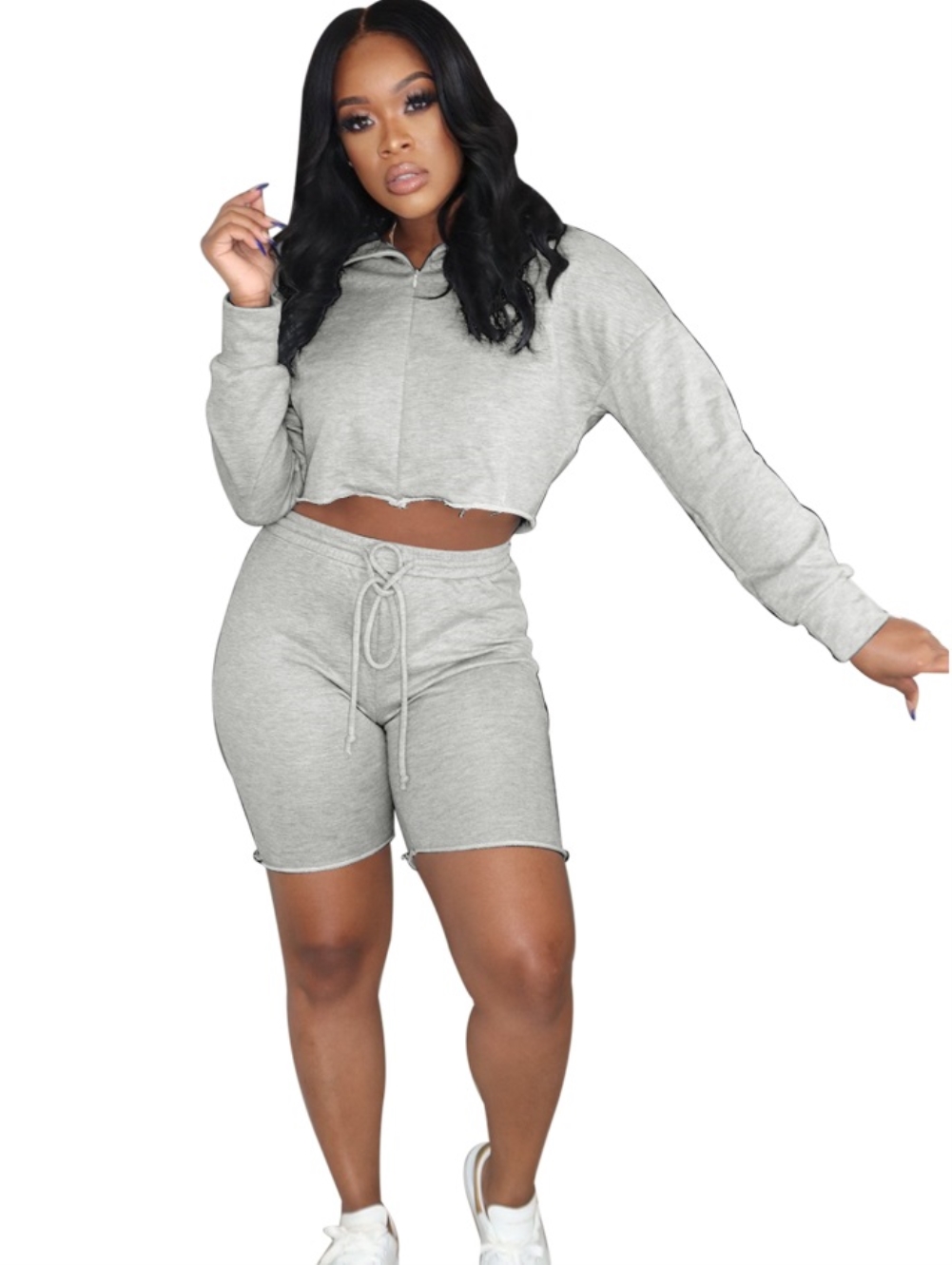 Autumn Solid Color Hoody Crop Top and Shorts Set
