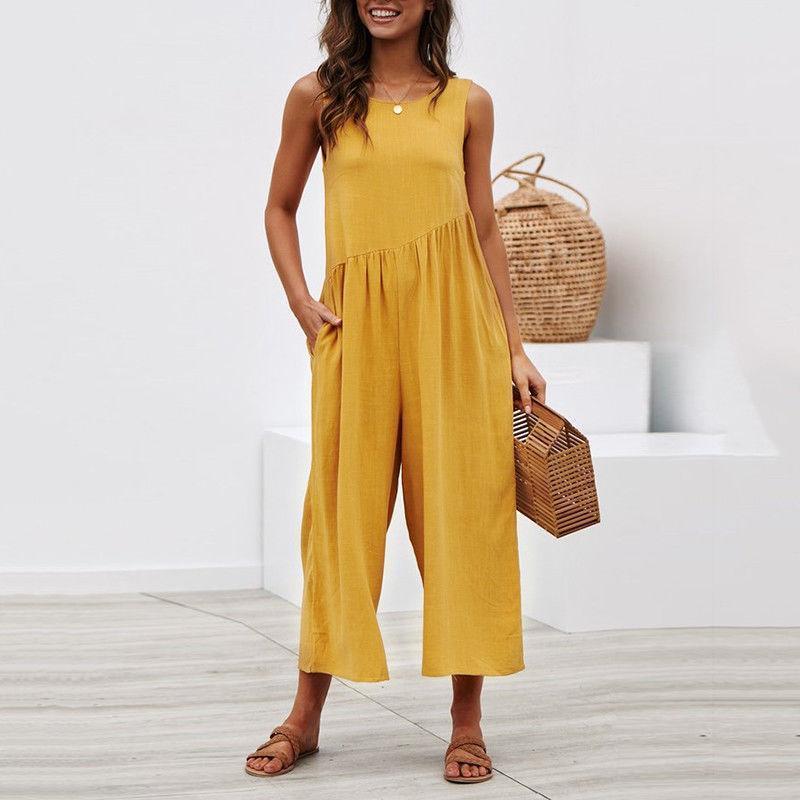 Casual Round Collar Plain Loose Sleeveless Jumpsuit