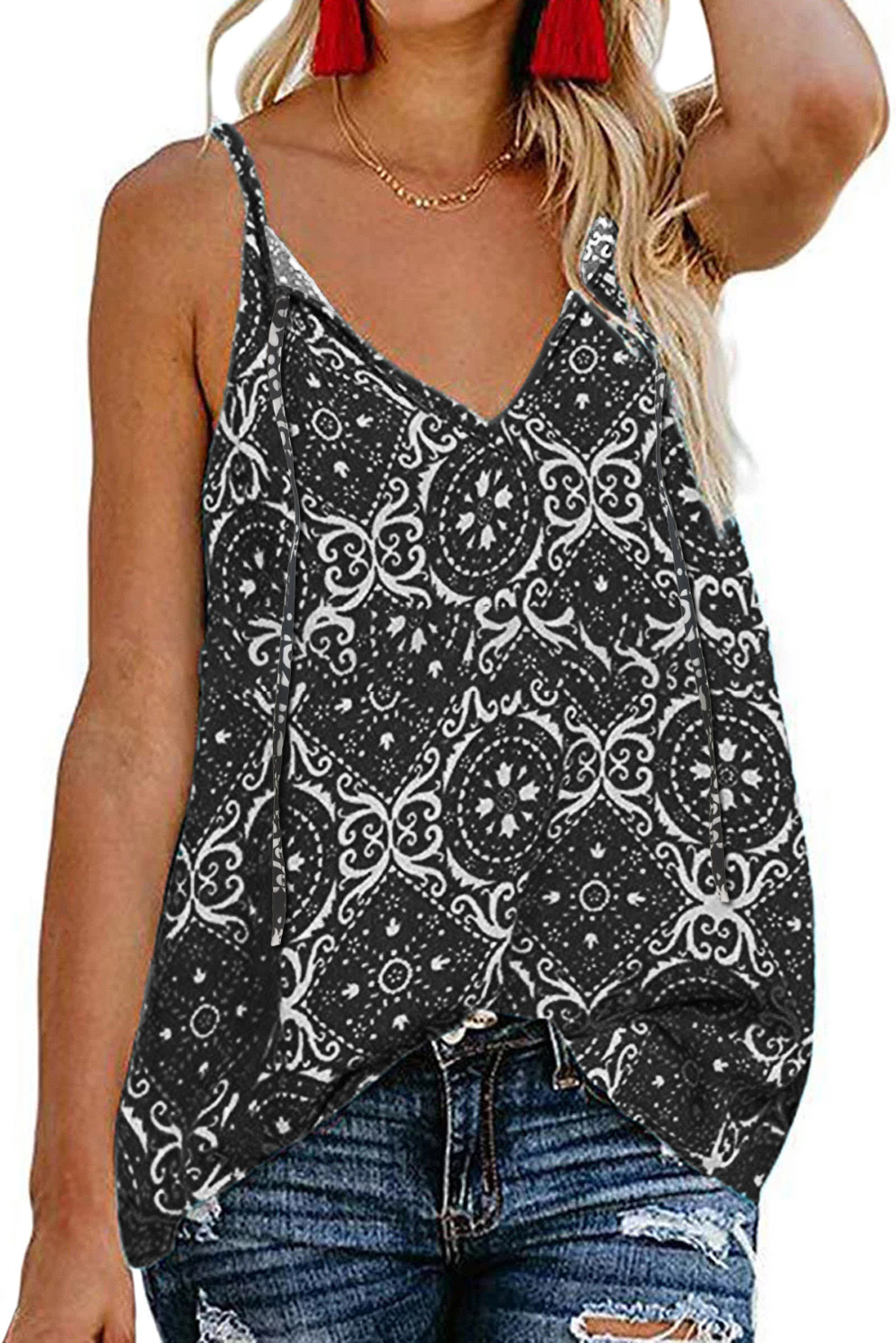 Black Spaghetti Strap Boho Printed Holiday Camisole