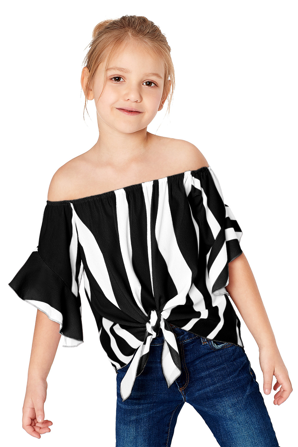 Black Off The Shoulder Vertical Stripes Toddlers Blouse