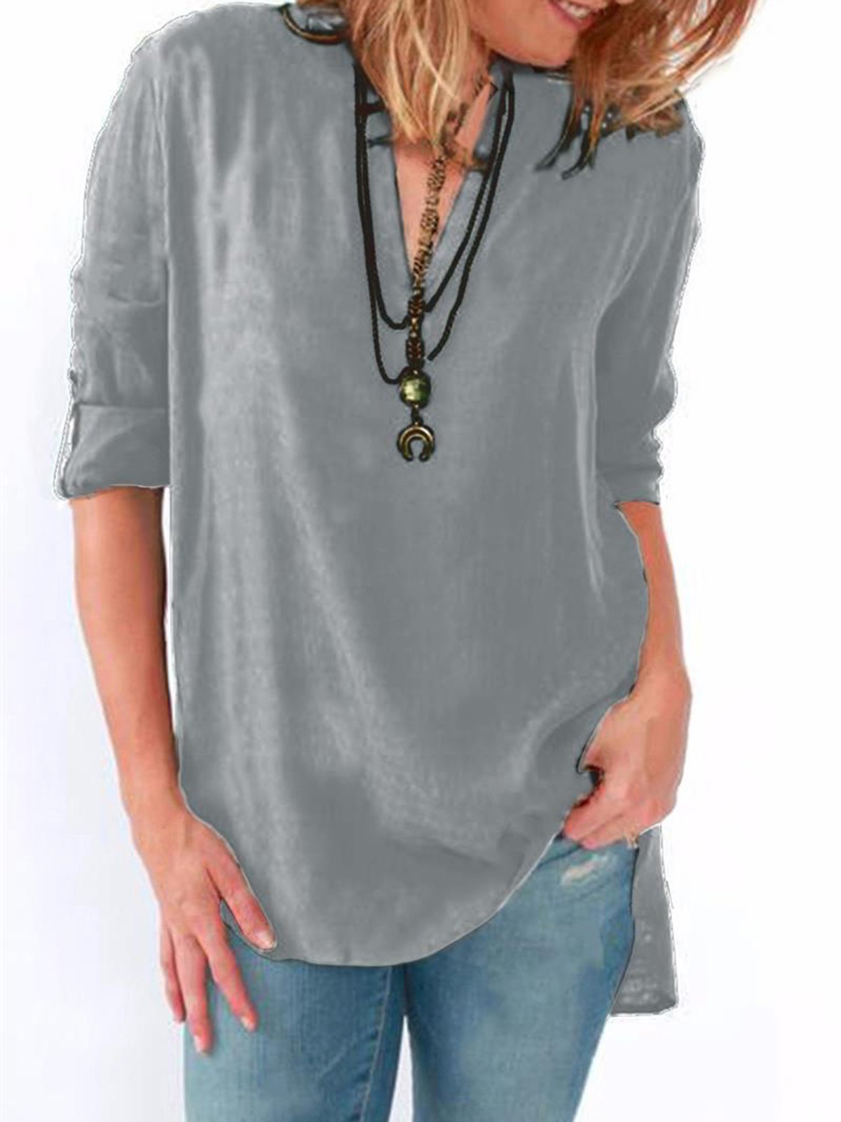 Dark Blue Basic Solid Polyester Blouses & Shirt