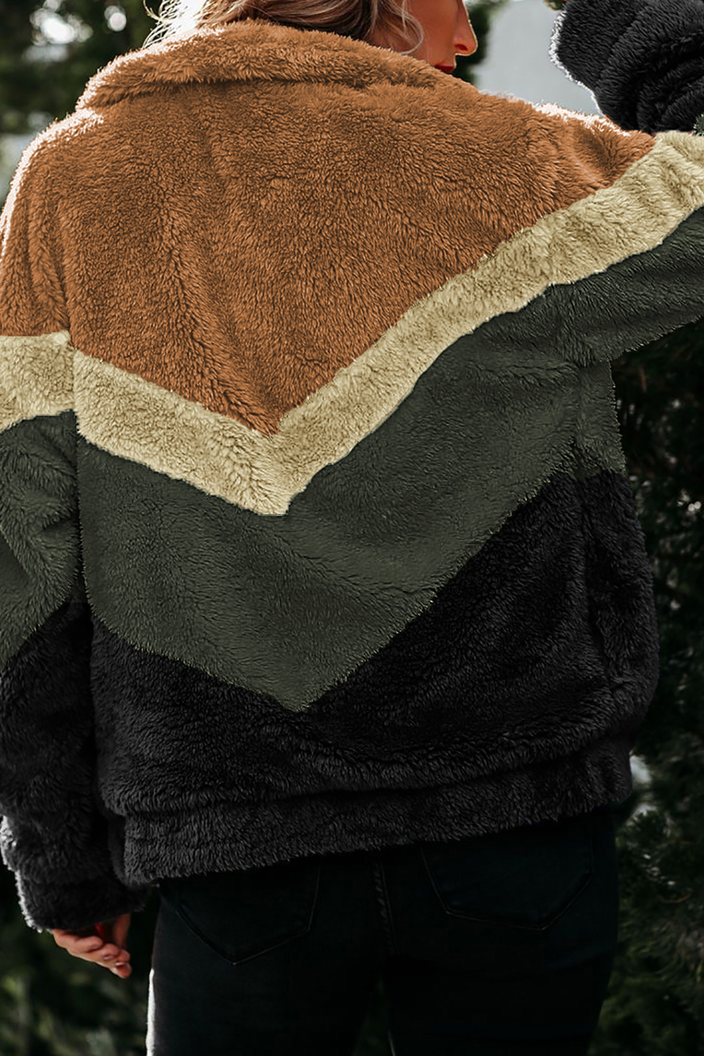 流行拼色侧袋保暖蓬松毛绒拉链夹克外套