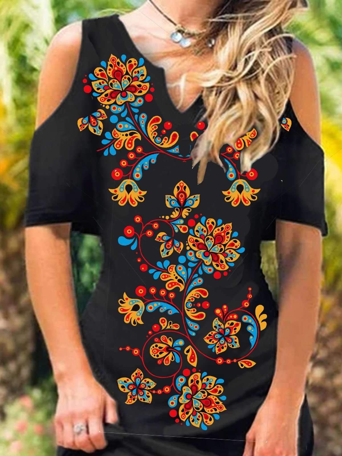 Floral Short Sleeve V Neck Jersey Dresses