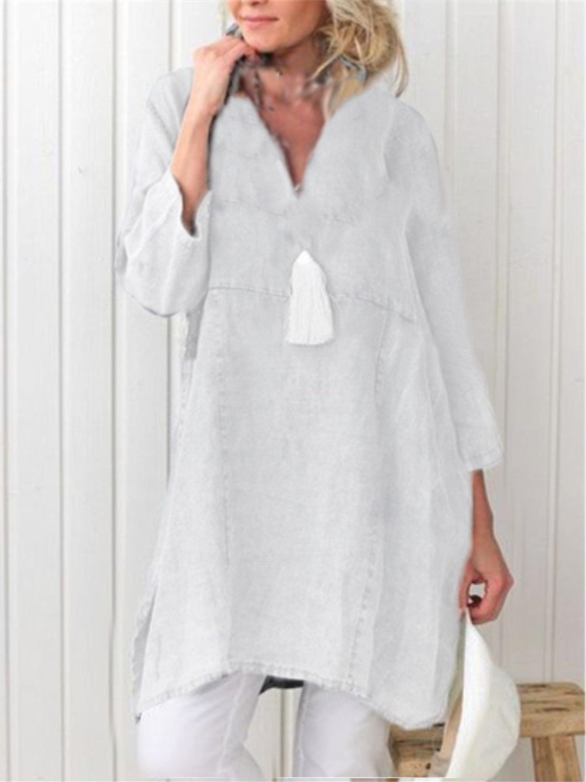 3/4 Sleeve V Neck Casual Plain Dress