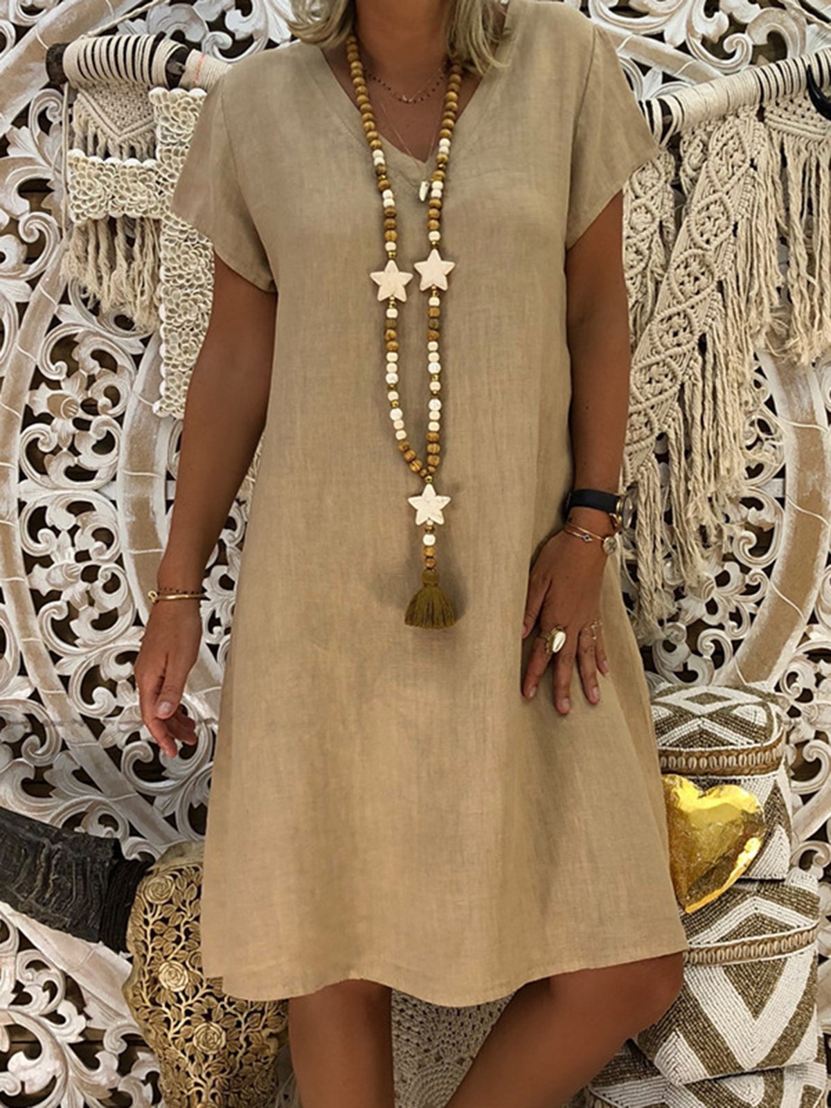 Women V-Neck Solid Summer Casual Dress