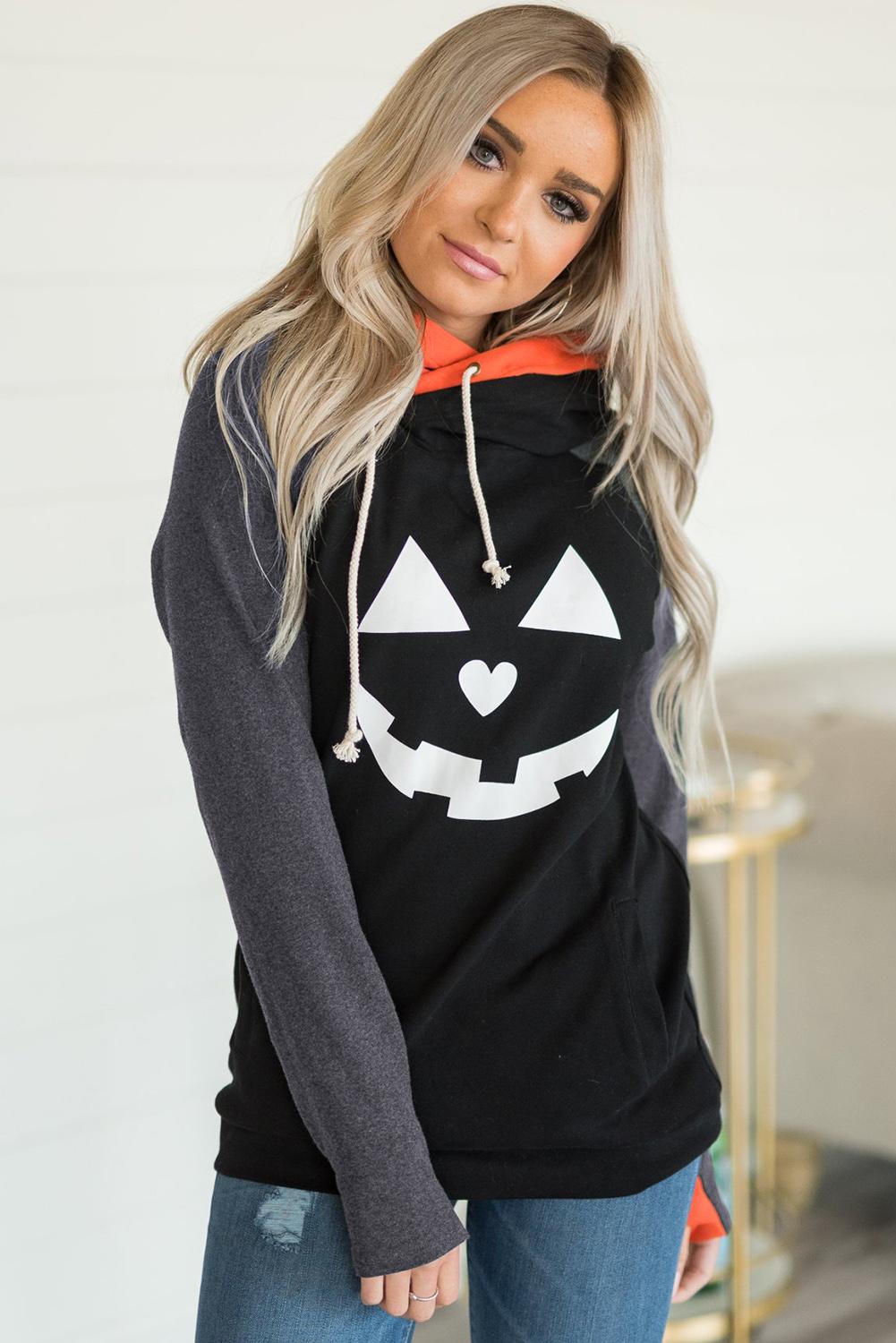 Double Hood Halloween Pumpkin Face Sweatshirt