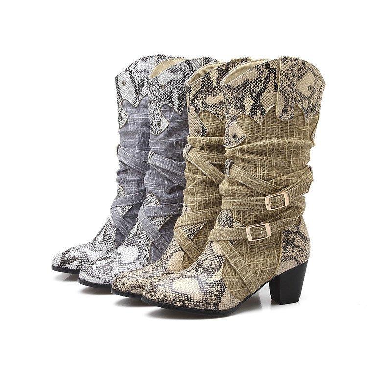 Women Snakeskin Pattern PU Chunky Heel Mid Calf Boots Artificial Leather Booties