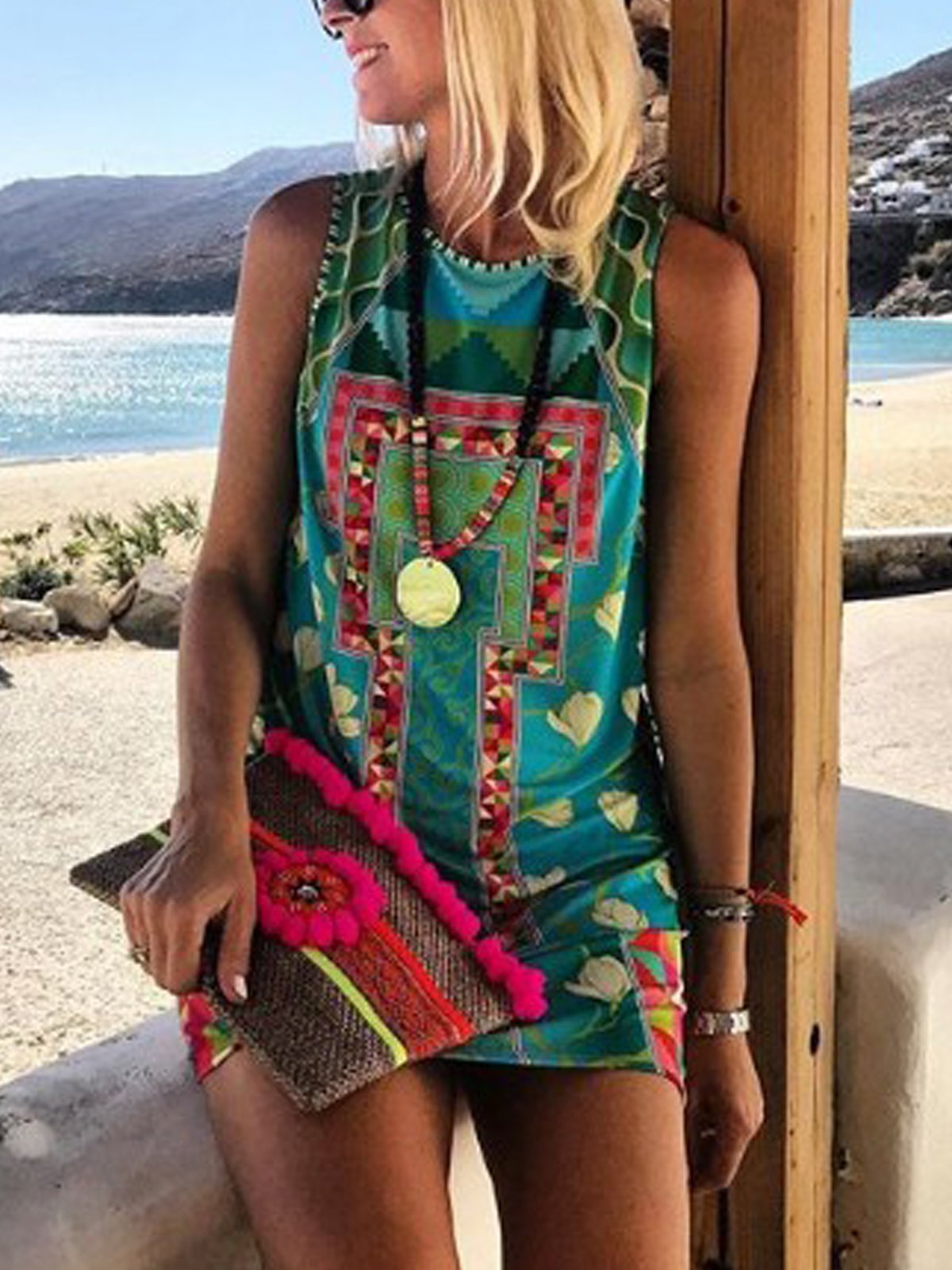 As Picture Round Neck Sleeveless Floral Shift Bodycon Dresses