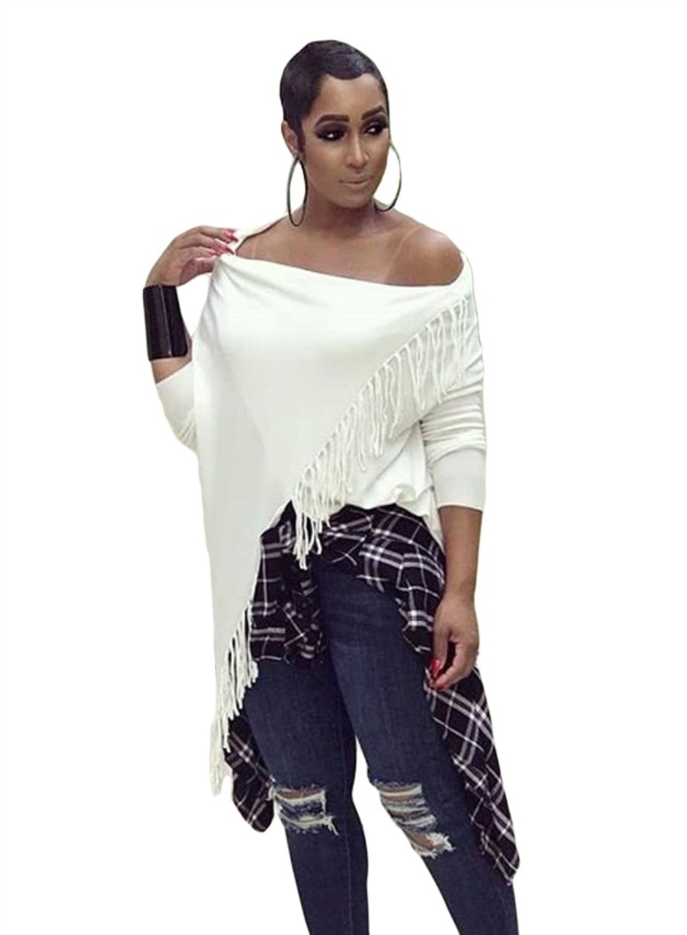 White Bat Sleeving Fringe Wrap Top