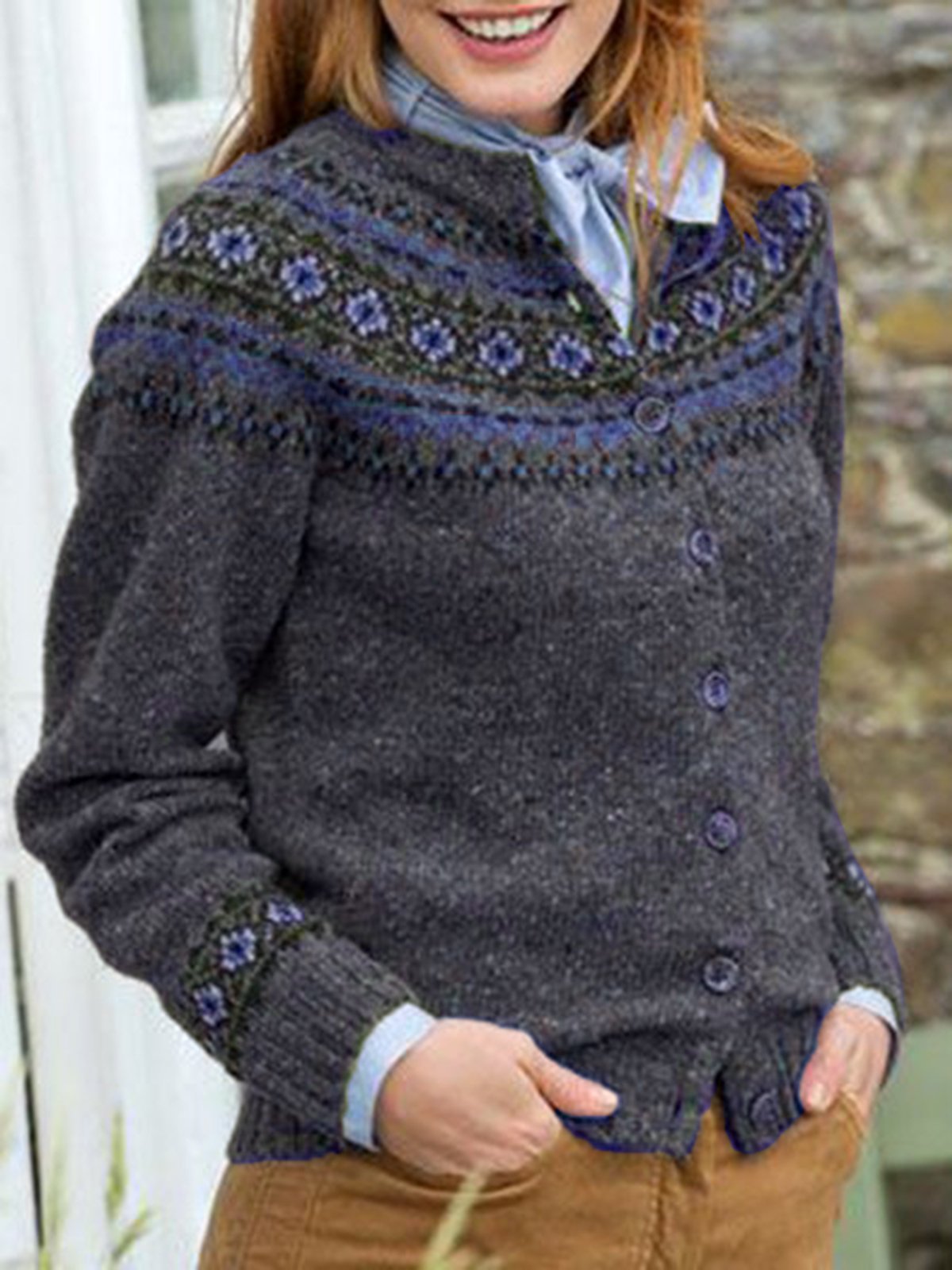 Color-Block Cotton Vintage Long Sleeve Cardigan