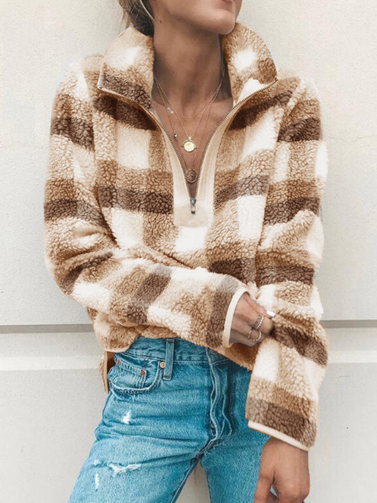 Vintage Stand-Up Neck Long Sleeve Cashmere Sweatshirts