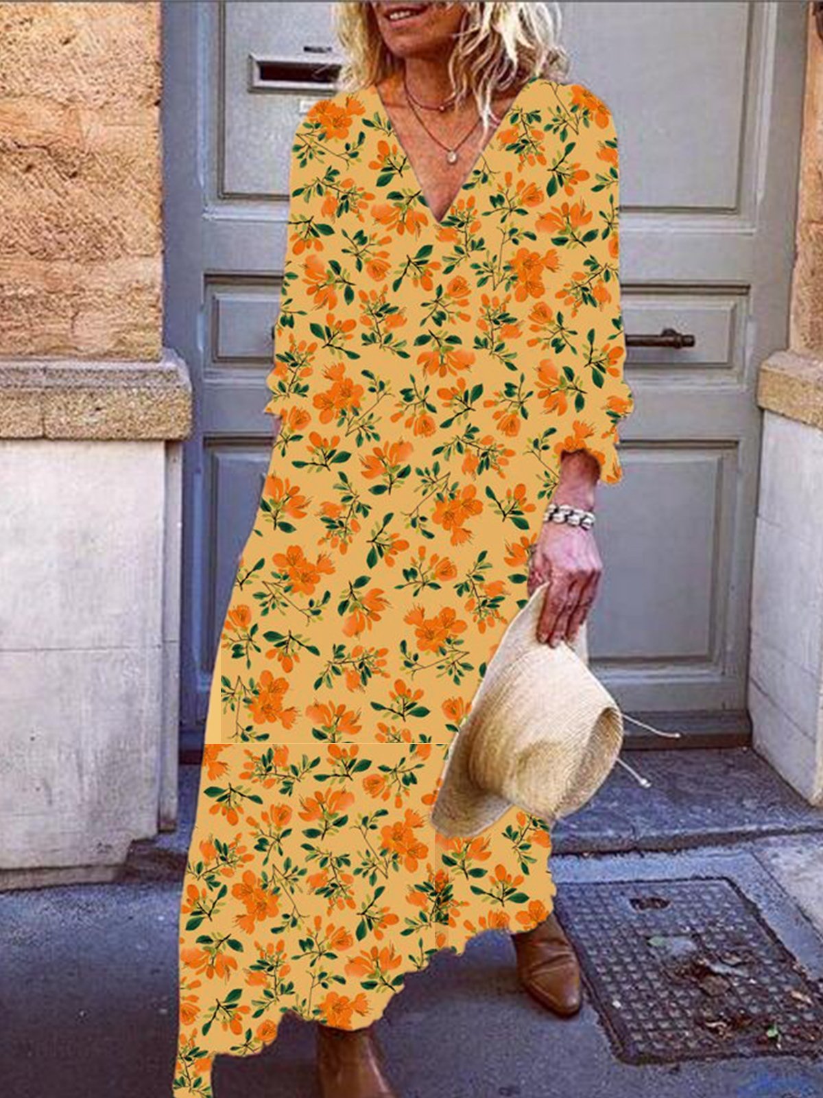 Printed Cotton-Blend V Neck 3/4 Sleeve Dresses