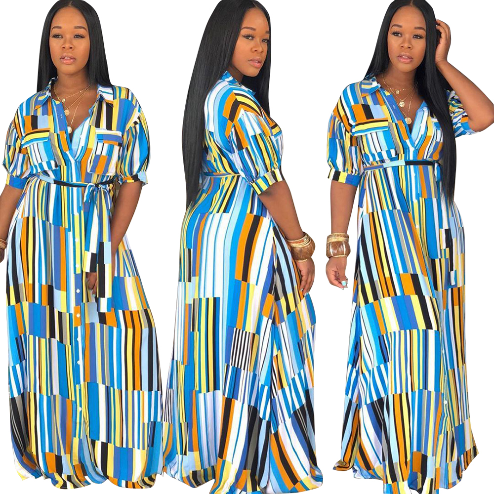 Colorful Stripes Long Dress with Belt