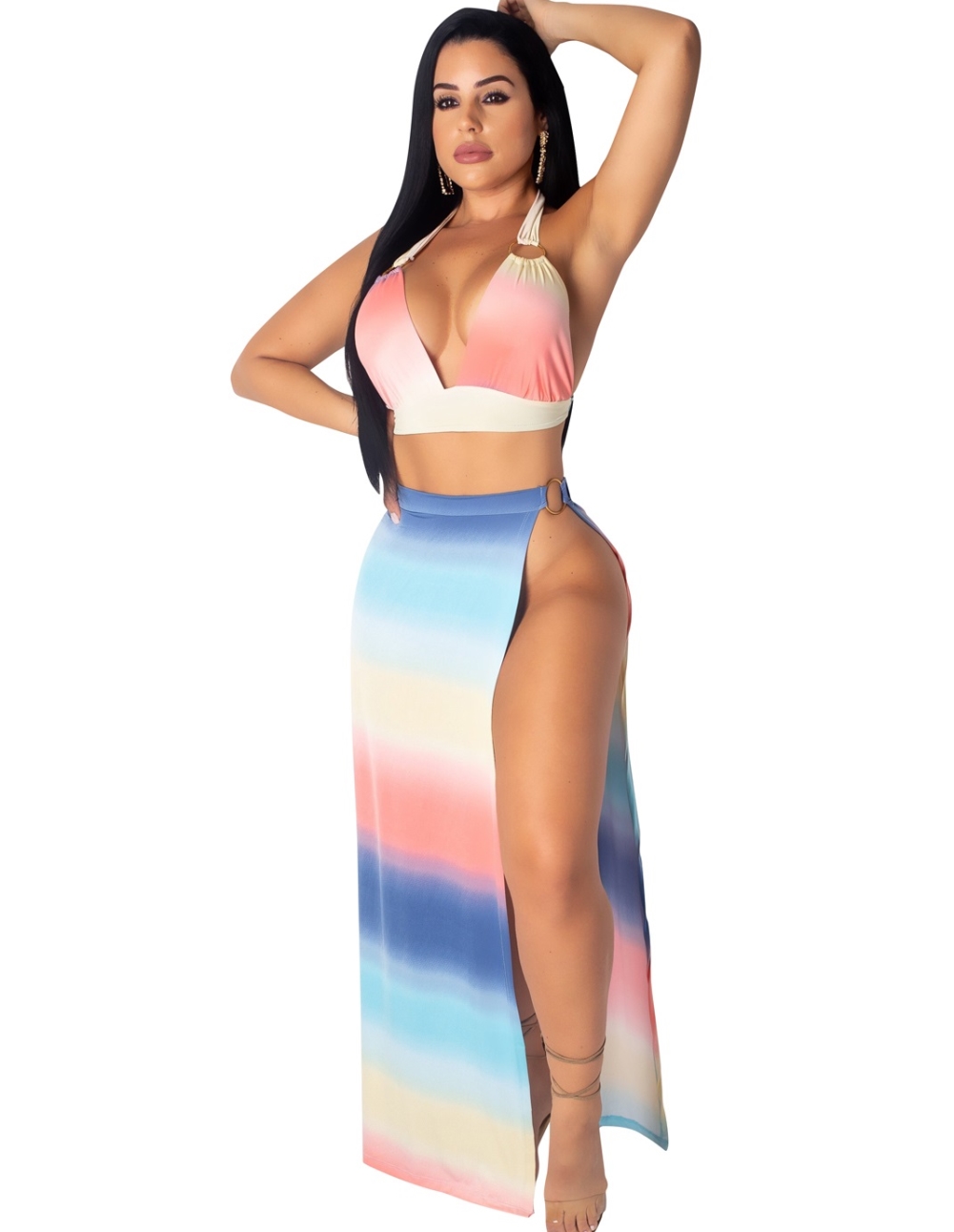 Summer Sexy Colorful Halter Crop Top and Slit Long Skirt