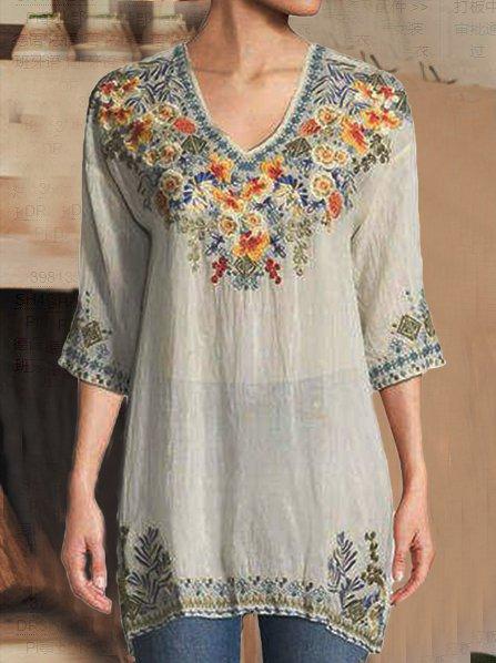 V Neck Casual Cotton-Blend Plain Shirts & Tops