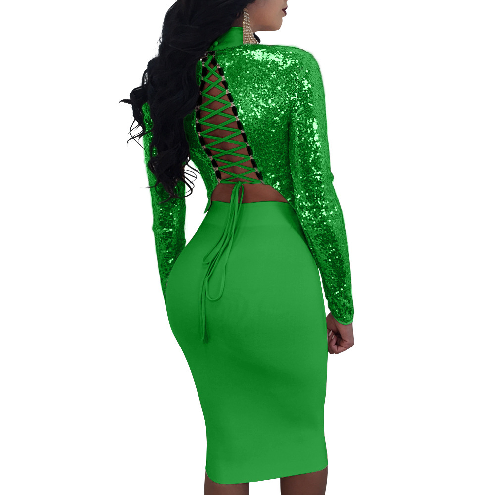 Two-Piece Lace Up Sequins Club Dress