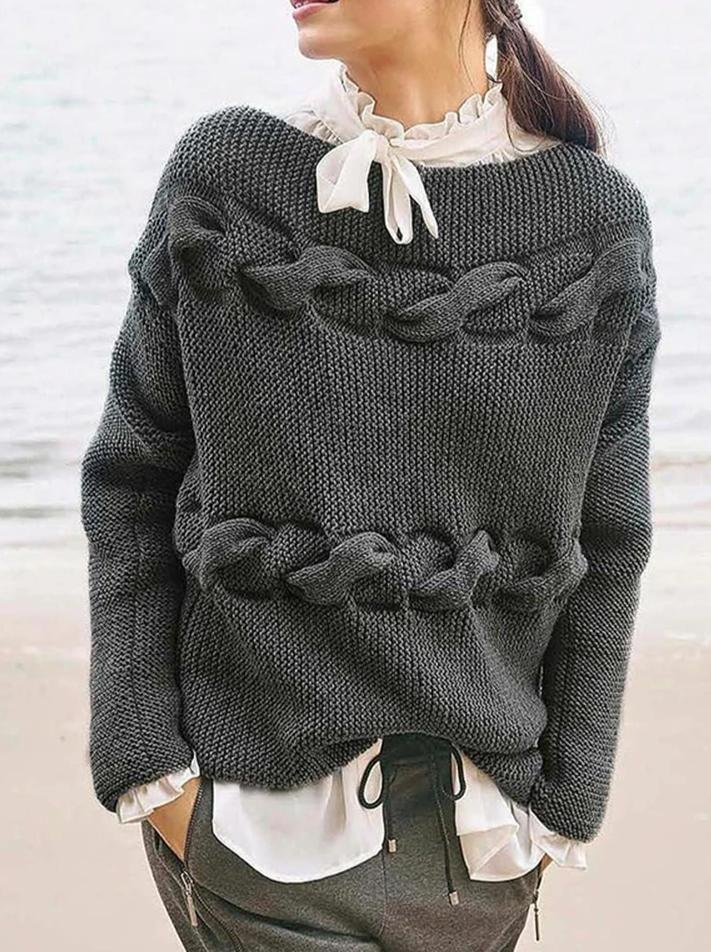 Finalpink Women's Fashion Round Neck Long Sleeve Gray Sweater