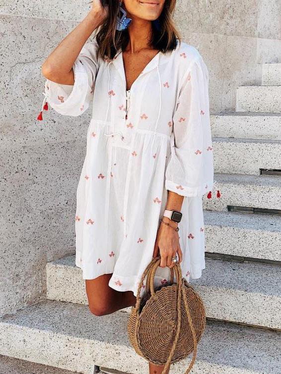 Plus Size Casual V Neck 3/4 Sleeve Printed Dresses