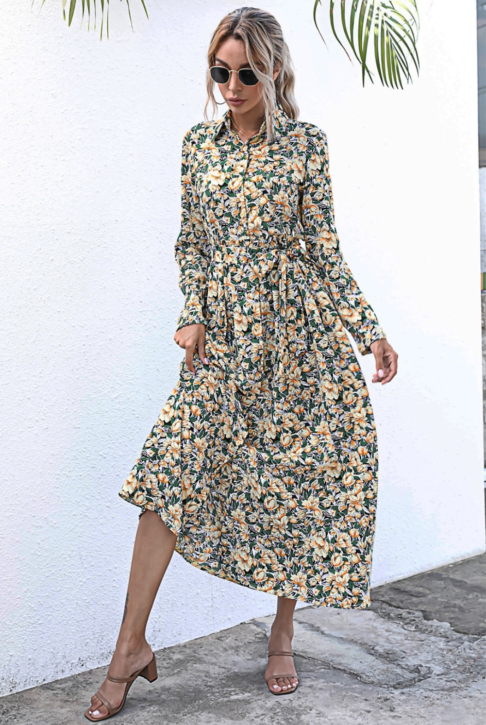 Fall Floral Collar Long Maxi Dress