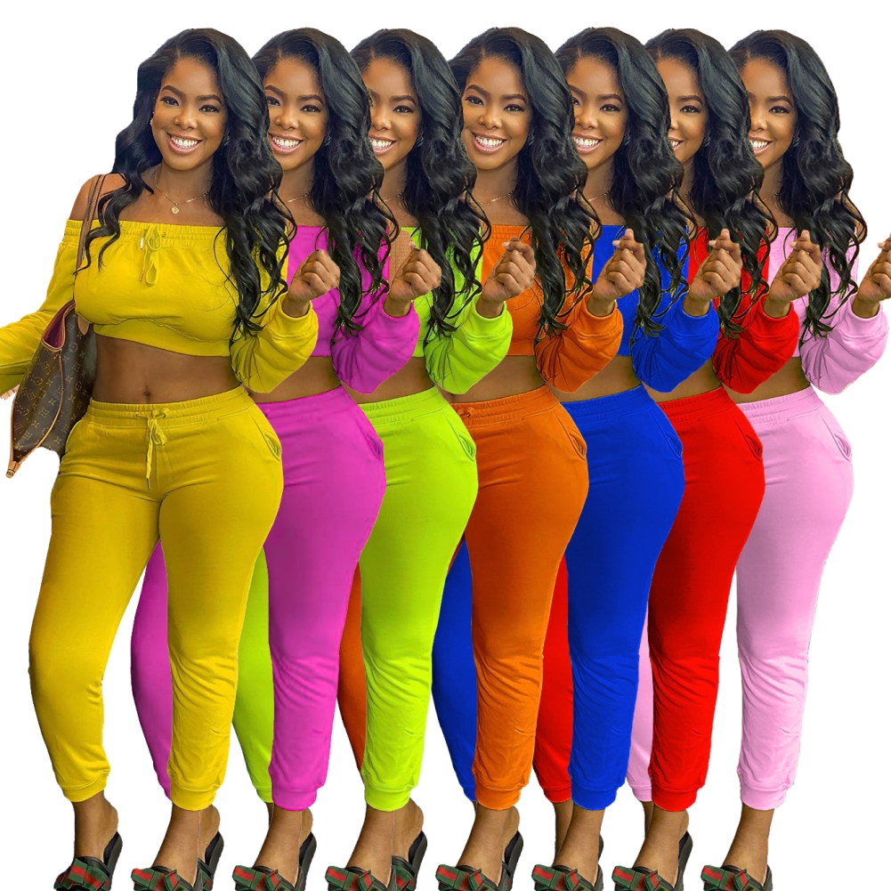 Casual Plain Off Shoulder Long Sleeve Crop Top and Track Pants Set