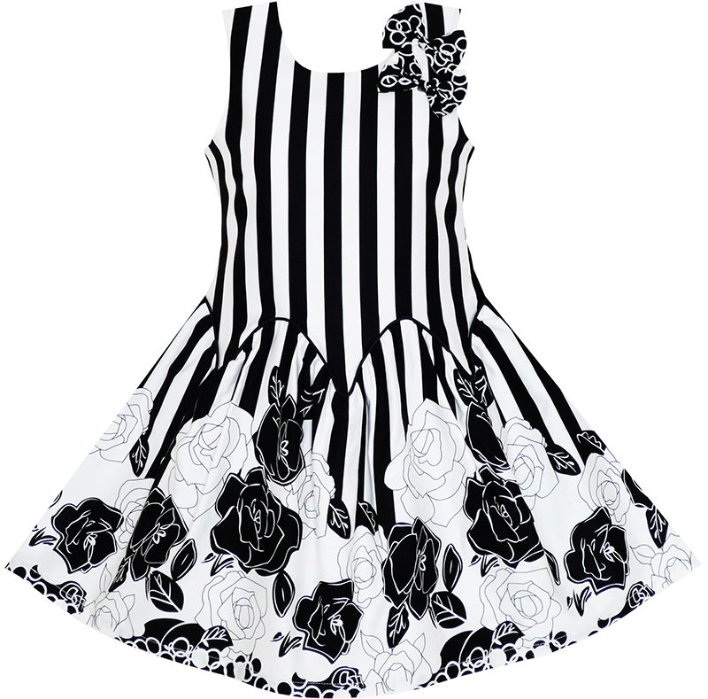 Sunny Fashion Girls Dress Sleeveless Black White Stripes Flower Bow Tie Cotton 2016 Summer Princess Wedding Party Size 7-14