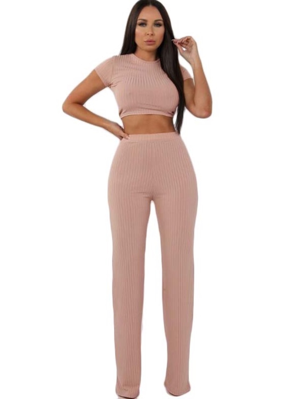 Matching 2PC Plain Knitted Crop Top and Pants Set