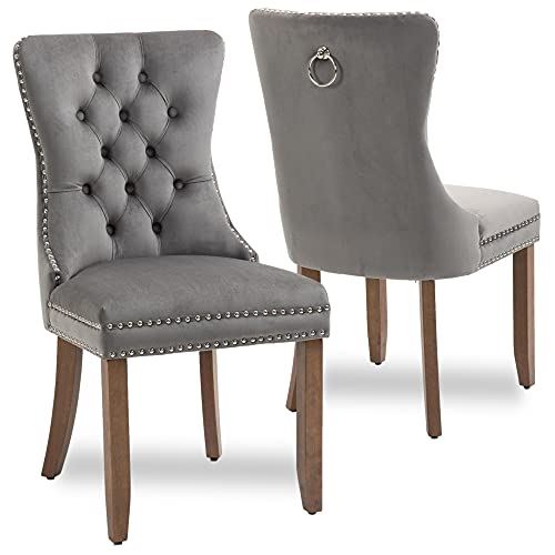 Set of 2 Upholstered Velvet Dining Room Chairs with Nailed Trim
