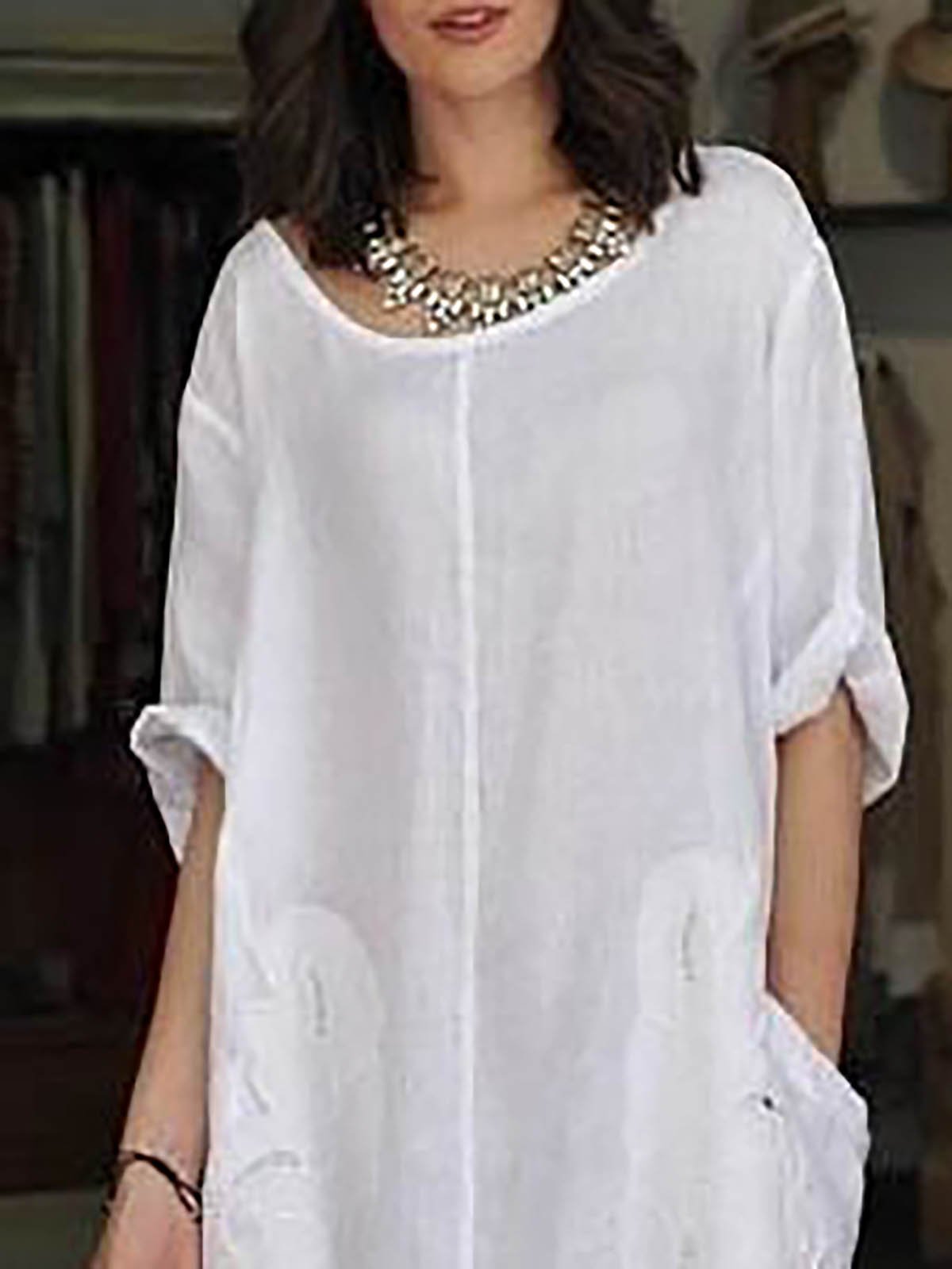 White Half Sleeve Slit Casual Dress