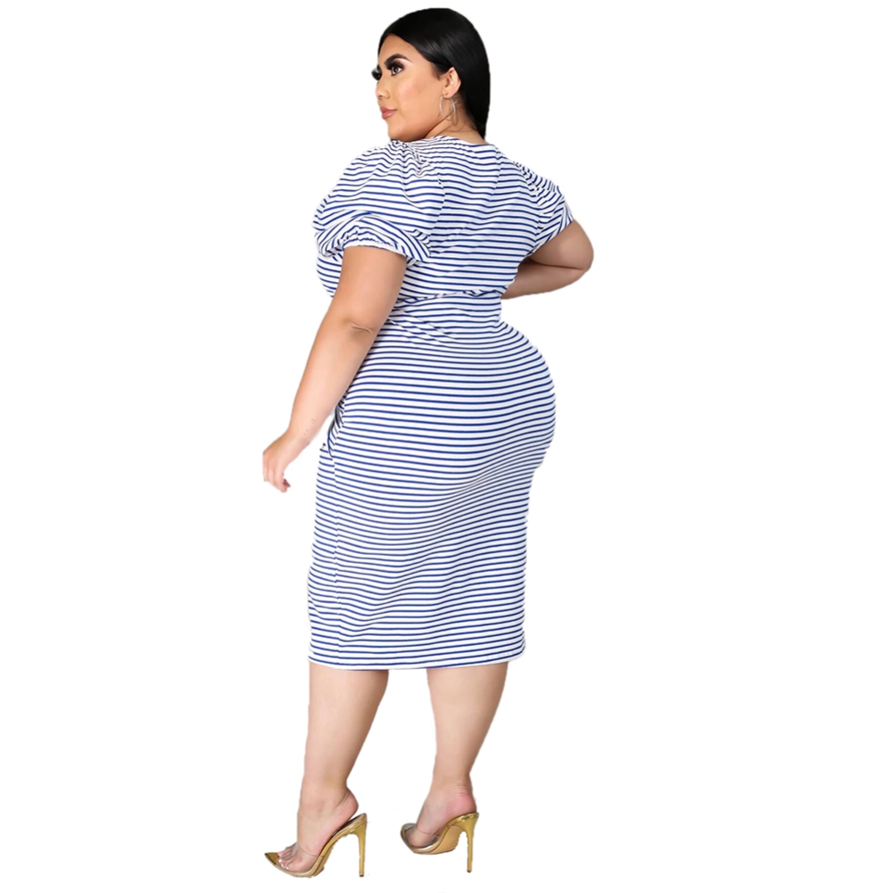 Plus Size Summer Striped Midi Dress with Belt