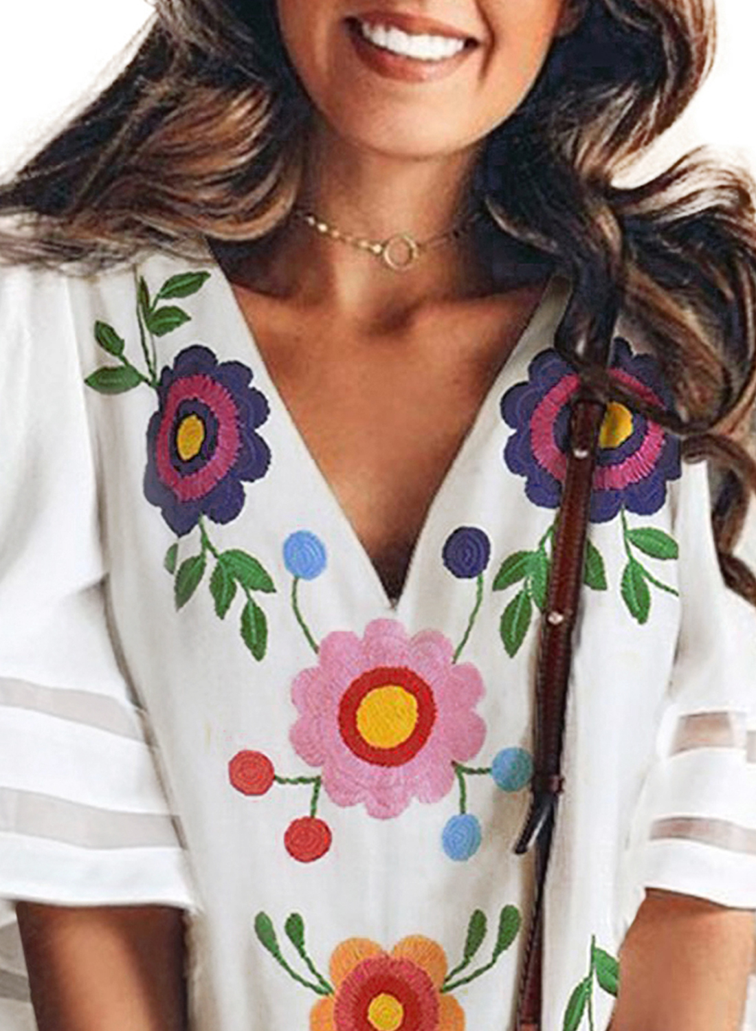 White V Collar Floral Print Bell Sleeve T-shirt Blouse