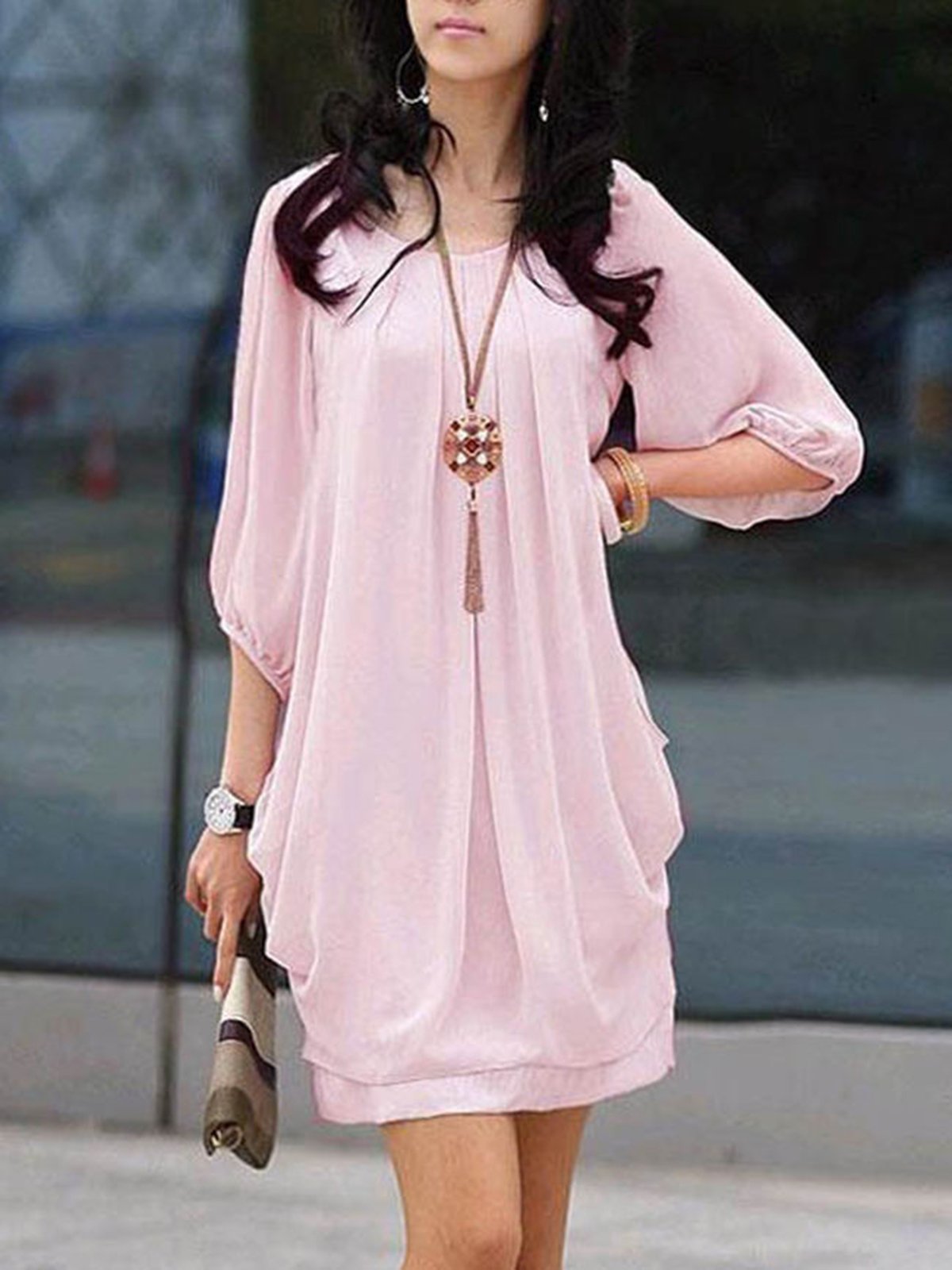 Half Sleeve Solid Crew Neck Plus Size Dress