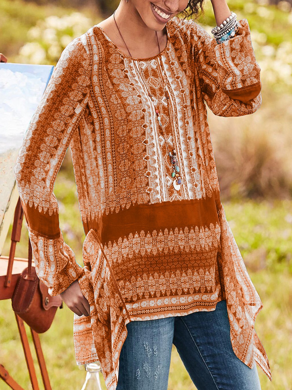 Vintage  Women  Round Neck Long Sleeve Casual Tops