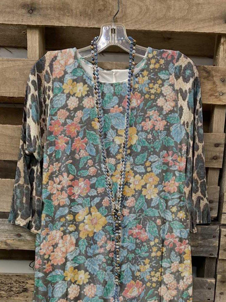 Floral Crew Neck Cotton-Blend 3/4 Sleeve Shirts & Tops