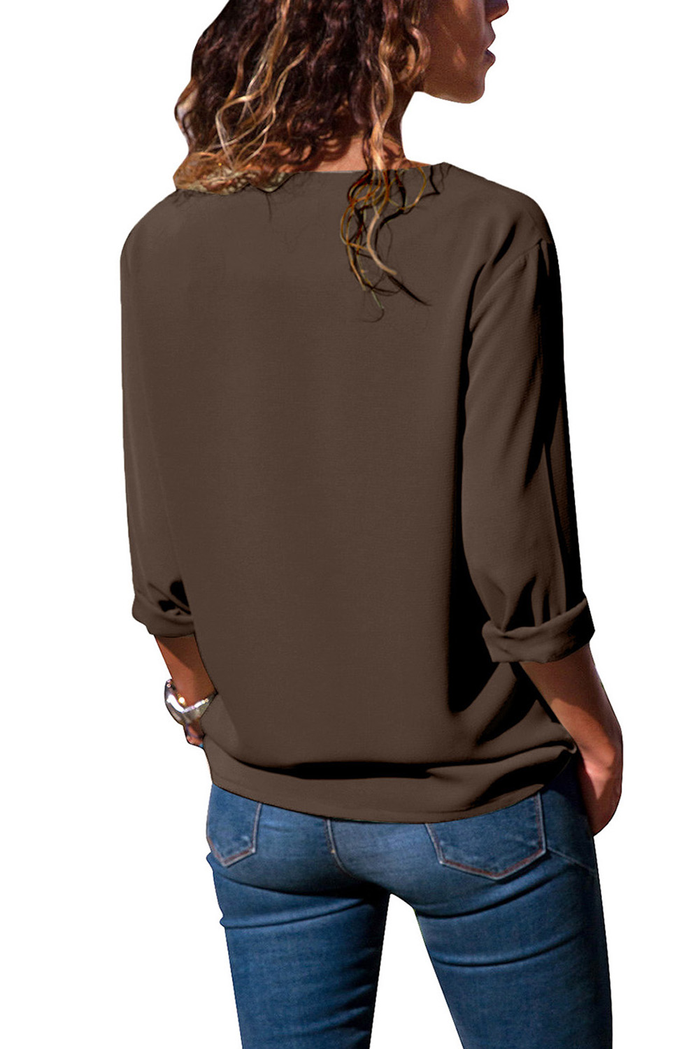 Brown Turndown Collar Asymmetric Button Down Blouse