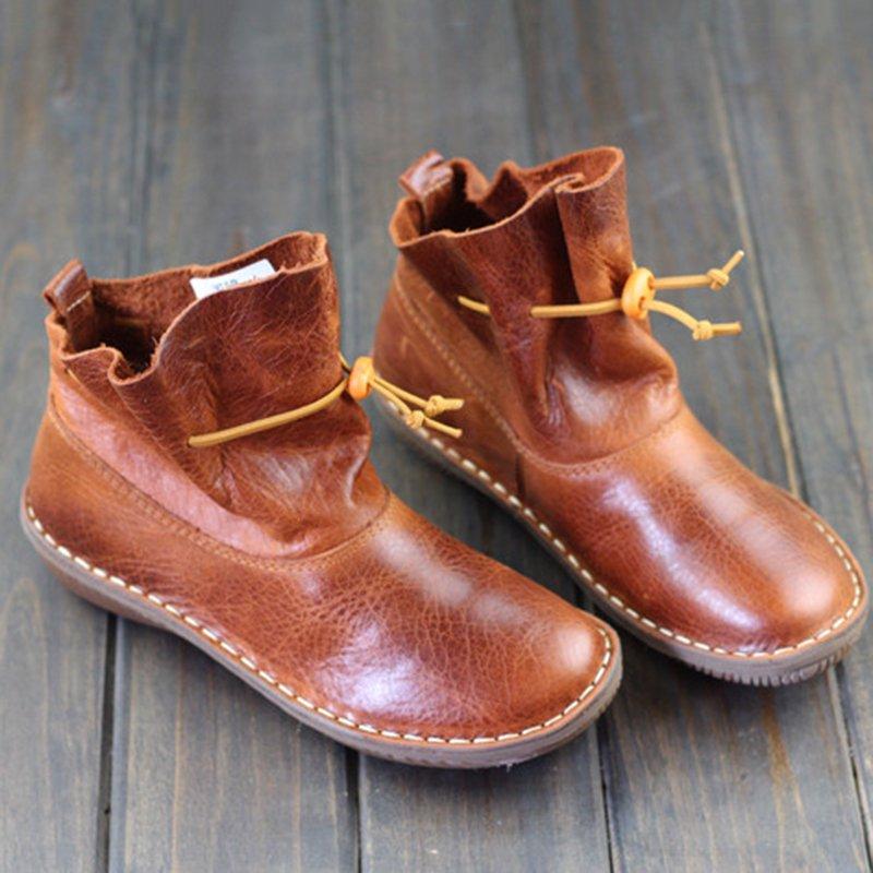 Women Comfy Slip-On Ankle Booties Vintage Flat Heel Boots