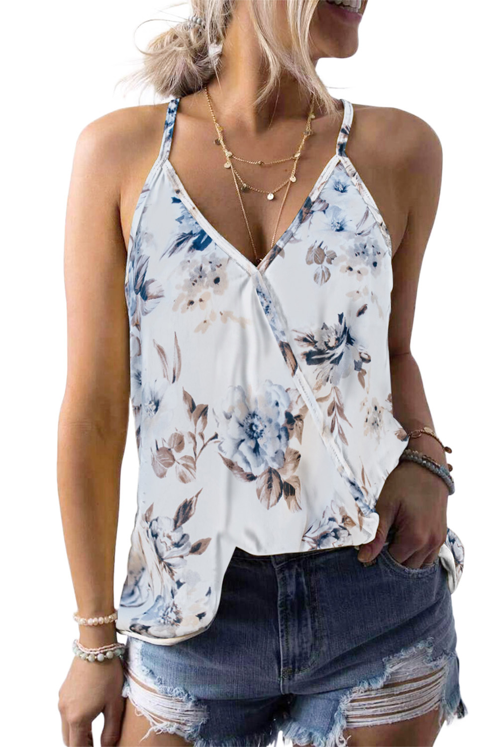 White Tropical Plant Print Tank Top
