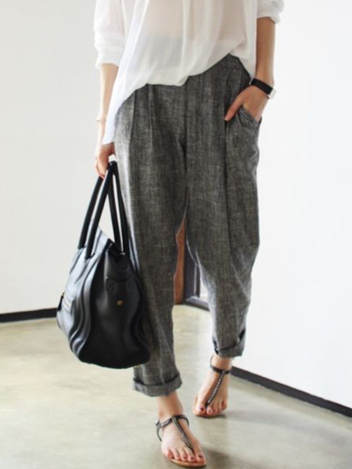 Smoke Gray Cotton Casual Pockets Pants